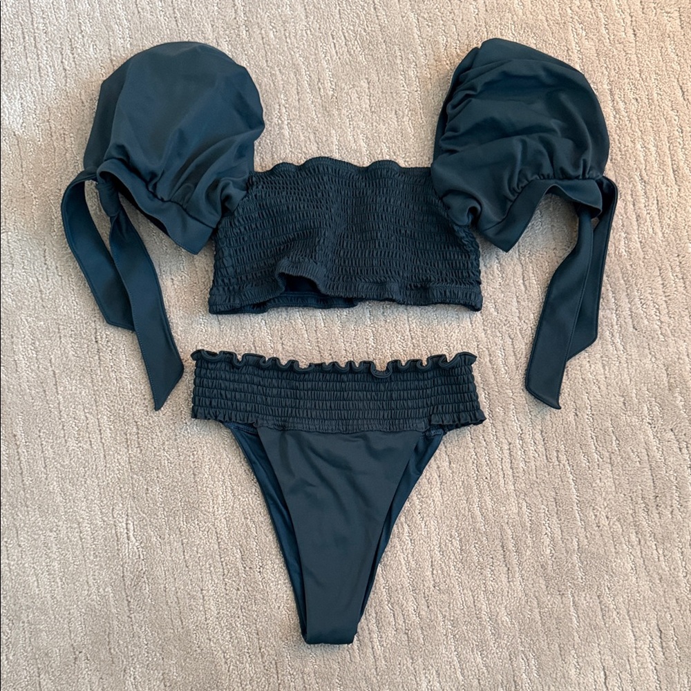 Agua Bendita Dark Teal Smocked Two-Piece Bikini (top - L, bottom - M)